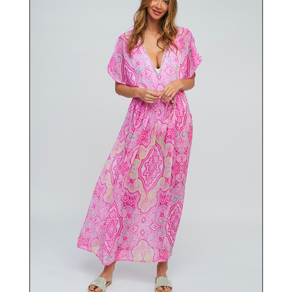 Pink Paisley V-Neck Maxi Dress with Short Sleeves